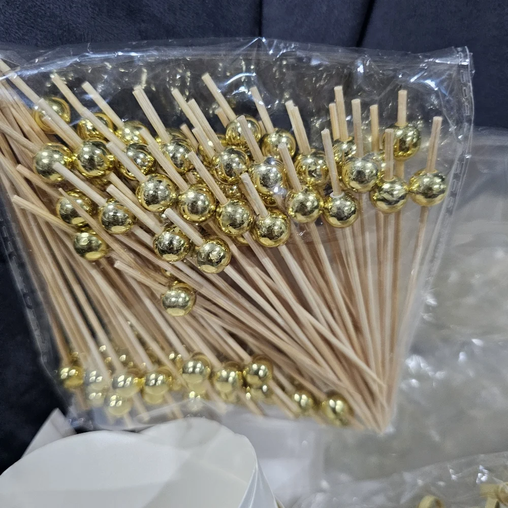 Elegant Gold and White Charcuterie Party Skewer Set Cups Picks Bags Ties